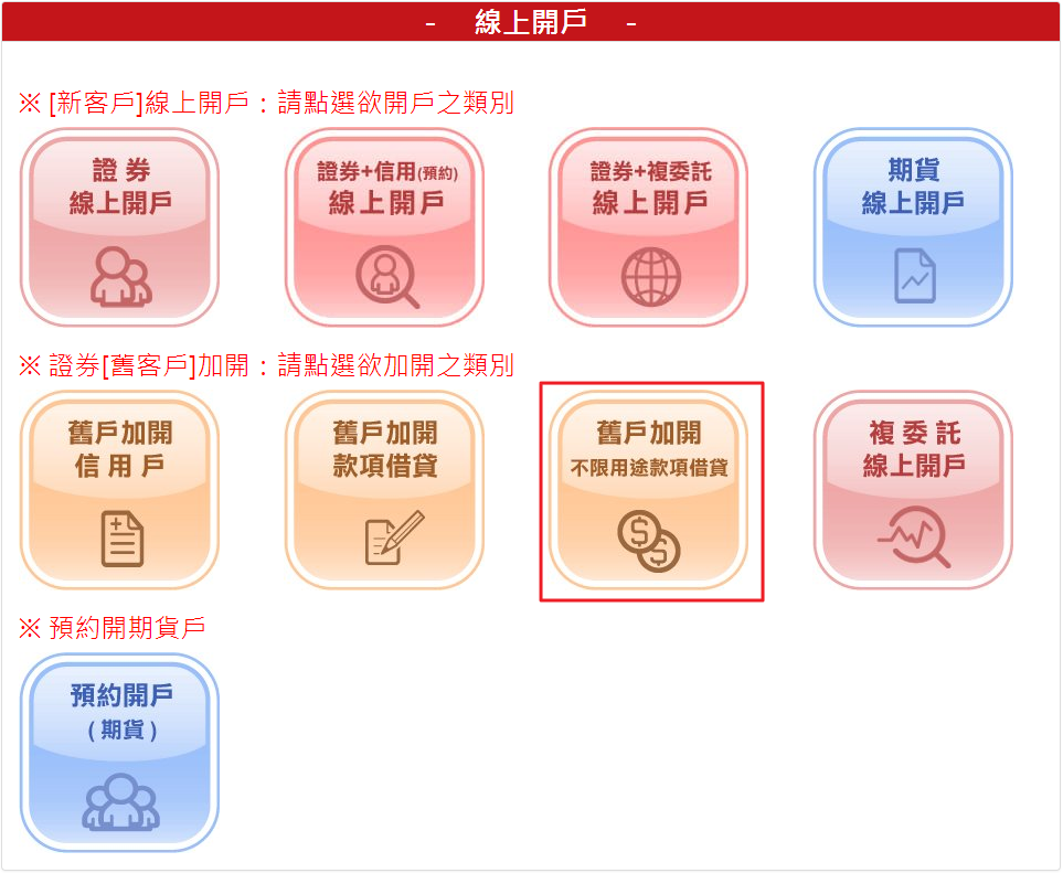 步驟 1：請點選【舊戶加開不限用途款項借貸線上開戶】按鈕