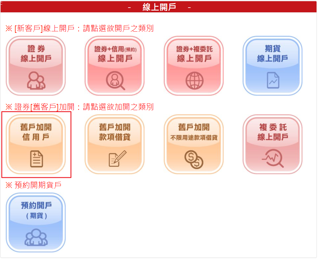 步驟 1：請點選【舊戶加開信用戶】按鈕