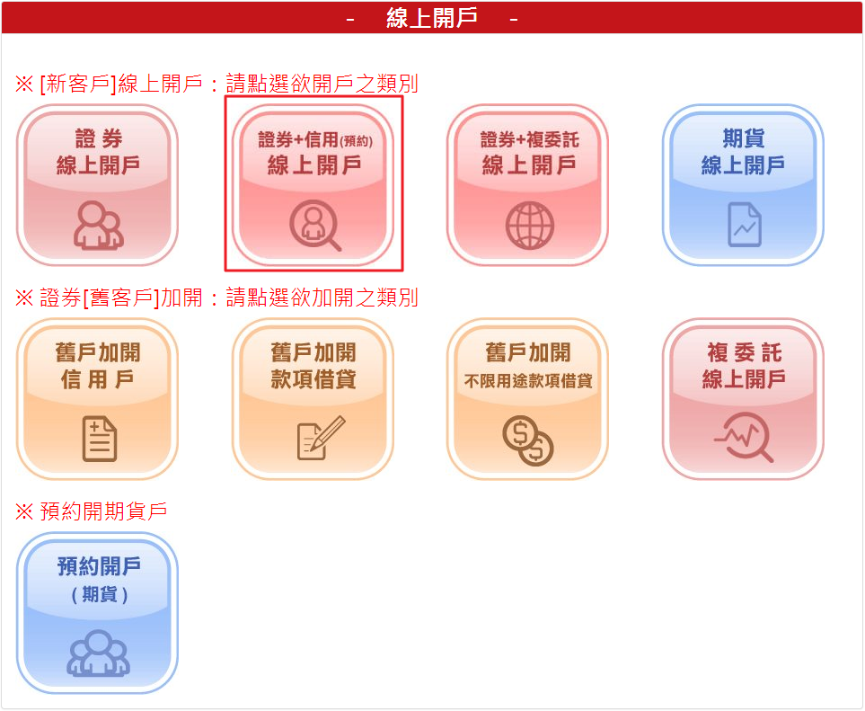 請點選【證券+信用預約線上開戶】按鈕